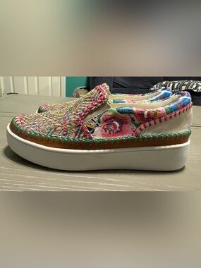 Johnny Was Resort Floral PreppyPatchwork Colorful Leather Uppers Slip Sneaker